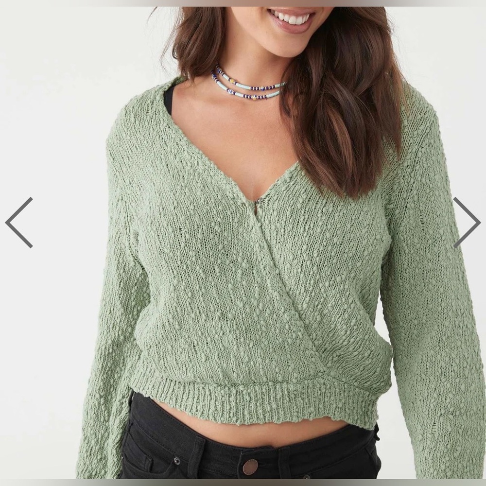 O'NEILL SEASIDE WRAP SWEATER Large 100% Cotton Mint Green Nubby Vneck Surfer